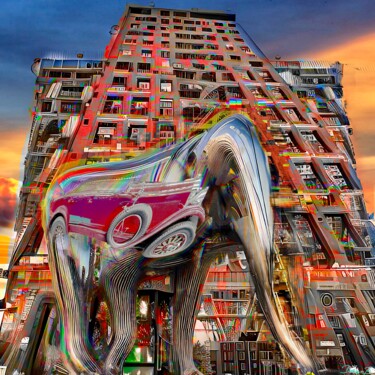 Digital Arts titled "Old car and elephant" by Doron B, Original Artwork, Digital Painting