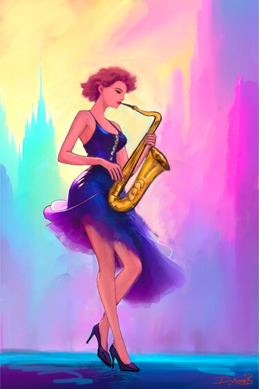 Digitale Kunst getiteld "Girl with saxophone" door Doron B, Origineel Kunstwerk, Digitaal Schilderwerk