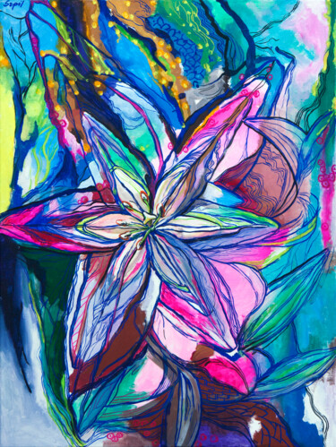 "Lilia" başlıklı Tablo Dorota Szpil tarafından, Orijinal sanat, Zamklı boya Ahşap Sedye çerçevesi üzerine monte edilmiş