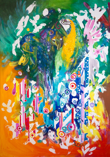 Schilderij getiteld "Kakadu i ary / Cock…" door Dorota Szpil, Origineel Kunstwerk, Tempera