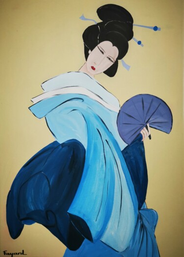 Schilderij getiteld "Geisha bleue" door Dorothée Fayard, Origineel Kunstwerk, Acryl Gemonteerd op Frame voor houten brancard