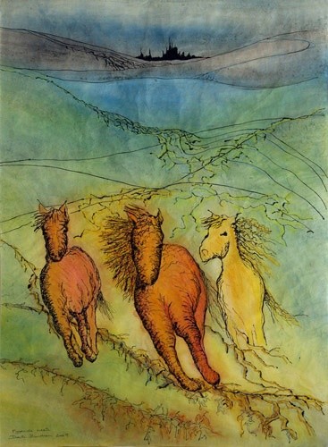 Malerei mit dem Titel "Speedy horses" von Dorte Bundesen, Original-Kunstwerk, Öl