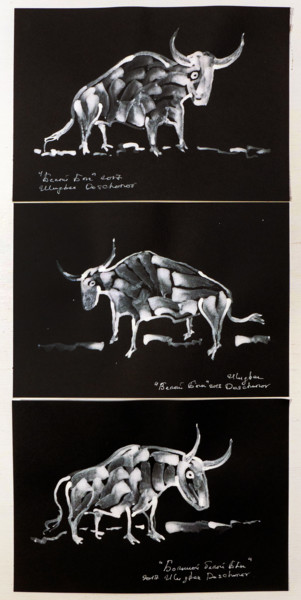 Картина под названием "White bulls triptych" - Ulugbek Doschanov, Подлинное произведение искусства, Акрил