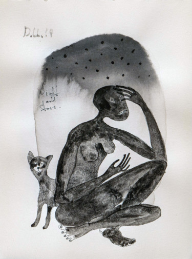 Drawing titled "Night and stars" by Ulugbek Doschanov, Original Artwork, Ink