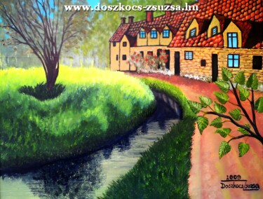Painting titled "English Farm" by Doszi, Original Artwork, Oil Mounted on Wood Stretcher frame