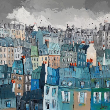 Malarstwo zatytułowany „Sur les toits de la…” autorstwa Jpdouchez, Oryginalna praca, Akryl Zamontowany na Drewniana rama nos…