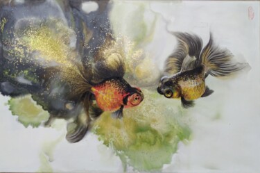 Pintura intitulada "Ink Splash Goldfish" por Doudou Huang, Obras de arte originais, Laca