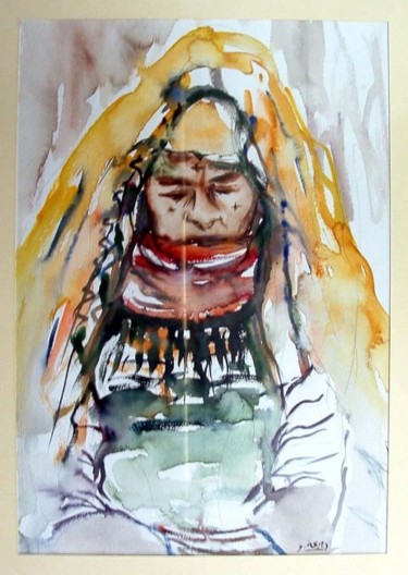 Peinture intitulée "la femme de sahara" par Rabia Ouzäa, Œuvre d'art originale