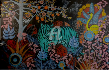 Schilderij getiteld "Tigre vert en balad…" door Doval, Origineel Kunstwerk, Olie Gemonteerd op Frame voor houten brancard