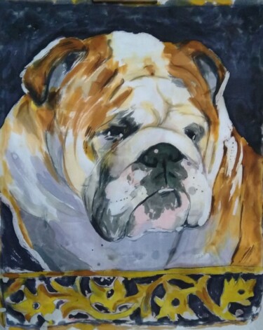 Pintura intitulada "English Bulldog. Ba…" por D.O. Xxi, Obras de arte originais, Tecido