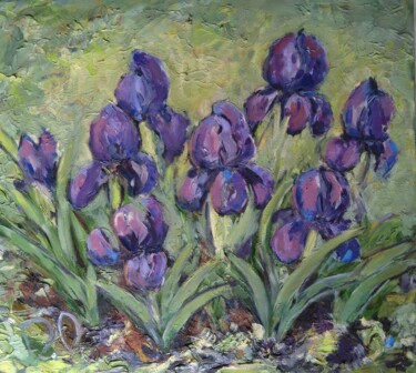 Painting titled "Garden Irises 2021-…" by D.O. Xxi, Original Artwork, Oil Mounted on Wood Stretcher frame