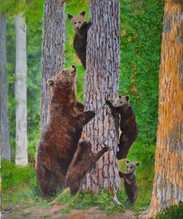 Peinture intitulée "Mother bear and cub…" par Dr Jahangeer Aslam Makhdoomi, Œuvre d'art originale, Huile