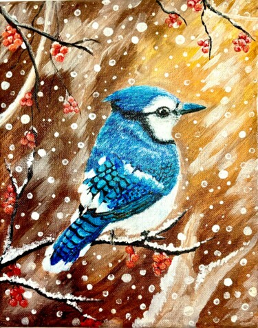Painting titled "Blue Jay in a snowy…" by Dr. Priyanjalee Banerjee, Original Artwork, Acrylic Mounted on Wood Stretcher frame