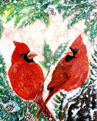 Painting titled "Red Cardinals in a…" by Dr. Priyanjalee Banerjee, Original Artwork, Acrylic