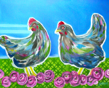 Painting titled "Chickendance" by Barbara Dräger, Original Artwork, Acrylic Mounted on Wood Stretcher frame