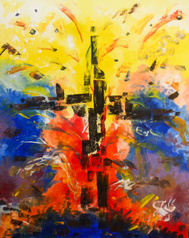 Painting titled "Burning Cross" by Dragos Bagia, Original Artwork, Oil