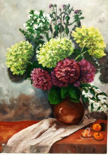 Картина под названием "Натюрморт с гортенз…" - Гуля Ахангаранская, Подлинное произведение искусства, Масло