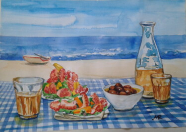 Painting titled "Greek lunch" by Dreamer, Original Artwork, Watercolor