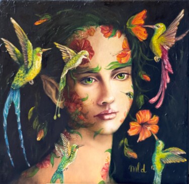 Painting titled "Titania, colibris -…" by Marie-Line Dromard, Original Artwork, Oil