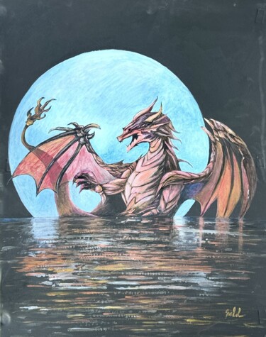 Pintura titulada "Dragon sur fond de…" por Marie-Line Dromard, Obra de arte original, Acrílico