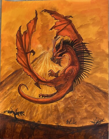 Painting titled "Dragon rouge" by Marie-Line Dromard, Original Artwork, Ink