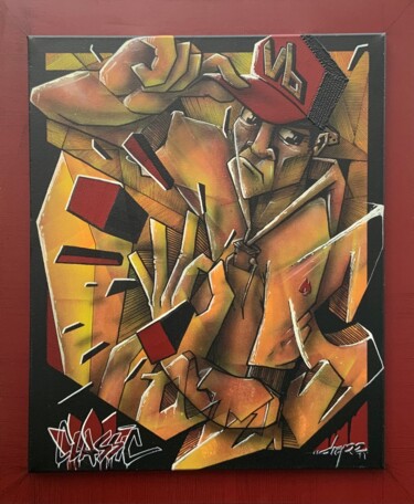Schilderij getiteld "Lotus classic" door Drope, Origineel Kunstwerk, Graffiti Gemonteerd op Frame voor houten brancard