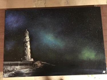 Painting titled "Night lighthouse" by Drusca, Original Artwork, Oil