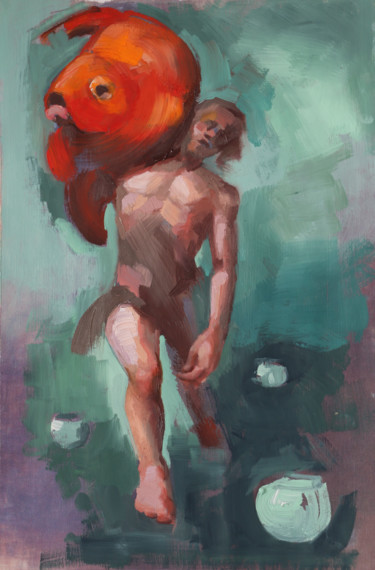 Peinture intitulée "Poisson Rouge étude" par Patricia Dubois, Œuvre d'art originale, Huile Monté sur Panneau de bois