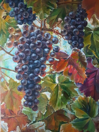 Painting titled "Grappes du raisin" by Valentyna Dubrovska, Original Artwork, Oil