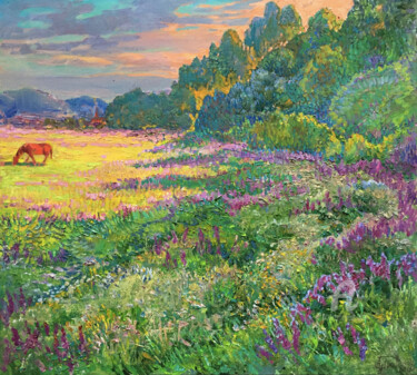 Картина под названием "Meadow and sun Pain…" - Aleksandr Dubrovskyy, Подлинное произведение искусства, Масло