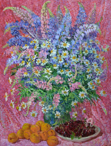 Summer bouquet with fruits Peinture intitulée "Summer bouquet with…" par Aleksandr Dubrovskyy, Œuvre d'art originale, Huile Monté sur Châssis