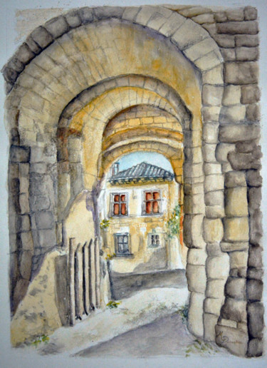 Malerei mit dem Titel "Cordes sur Ciel" von Monique Ducarton, Original-Kunstwerk, Aquarell