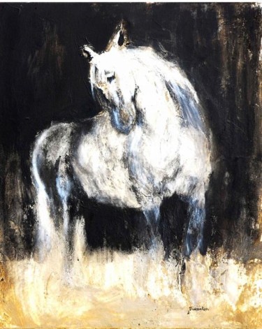 Painting titled "Cheval blanc" by Monique Ducarton, Original Artwork, Oil