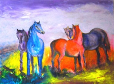 Malerei mit dem Titel "groupe de chevaux" von Monique Ducarton, Original-Kunstwerk, Öl Auf Keilrahmen aus Holz montiert