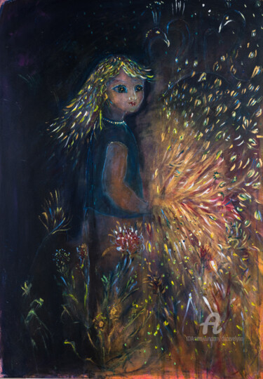 Картина под названием "Elise with peacocks…" - Duc Evelyna, Подлинное произведение искусства, Акрил Установлен на Деревянная…