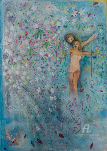 제목이 "Paradis fleuri"인 미술작품 Duc Evelyna로, 원작, 아크릴 나무 들것 프레임에 장착됨