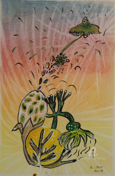 Dessin intitulée "Surprise végétale a…" par Duc Evelyna, Œuvre d'art originale, Encre