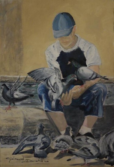 Peinture intitulée "L'enfant aux pigeons" par Gérard Duchêne, Œuvre d'art originale