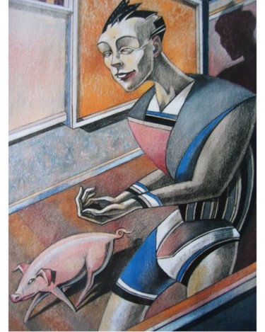 Painting titled "Jeune homme et porc…" by Daniel Duhamel Arrapel, Original Artwork, Oil