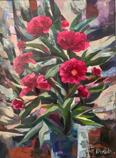 Painting titled "Red Peonies" by Irena Dukule, Original Artwork, Oil