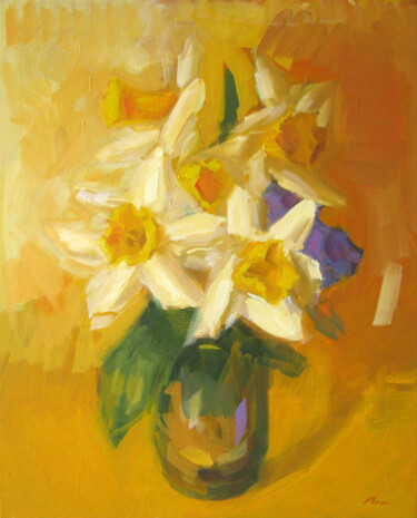 Painting titled "Daffodils" by Dumitru Bostan, Original Artwork, Oil