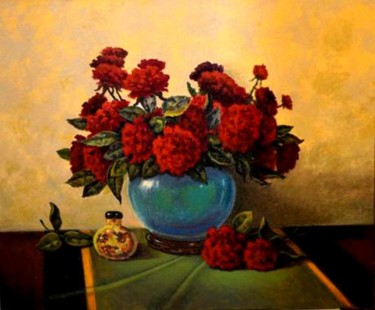 Painting titled "Red Carnations and…" by John Hudson Hawke, Original Artwork, Acrylic