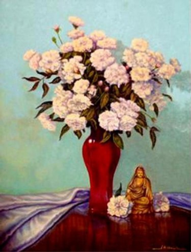 Painting titled "White Flowers and L…" by John Hudson Hawke, Original Artwork, Acrylic
