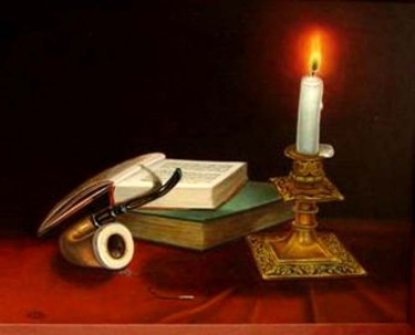 Painting titled "Book and Candle" by John Hudson Hawke, Original Artwork, Oil