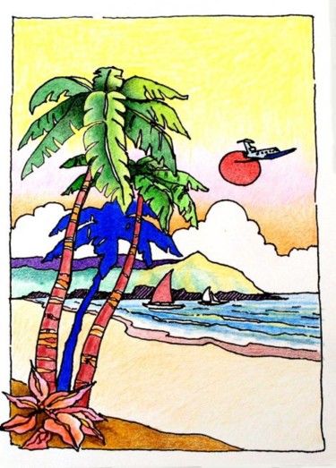 Drawing titled "Tropic Shores" by John Hudson Hawke, Original Artwork