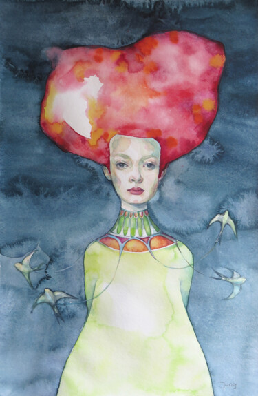 Картина под названием "Bird Keeper" - Dunja Jung, Подлинное произведение искусства, Акварель