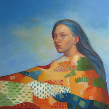 Malarstwo zatytułowany „Lady with a blue ha…” autorstwa Dunja Jung, Oryginalna praca, Olej