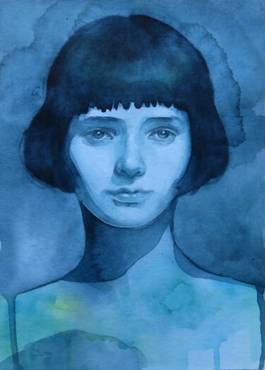 Painting titled "Retro Blue" by Dunja Jung, Original Artwork, Watercolor