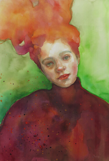Schilderij getiteld "Red haired" door Dunja Jung, Origineel Kunstwerk, Aquarel