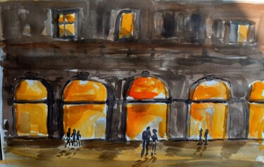 Painting titled "Entrée du Théatre" by Dupicard, Original Artwork, Watercolor